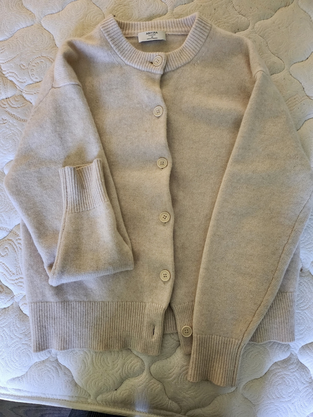 Aritzia Light Beige Button-Front Crewneck Cardigan